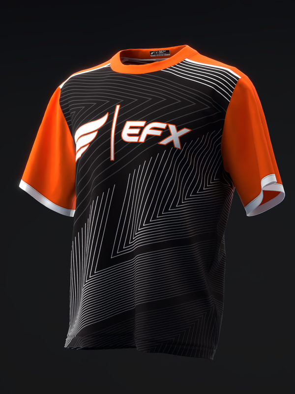 Black bowling jersey with neon orange sleeves and geometric line pattern