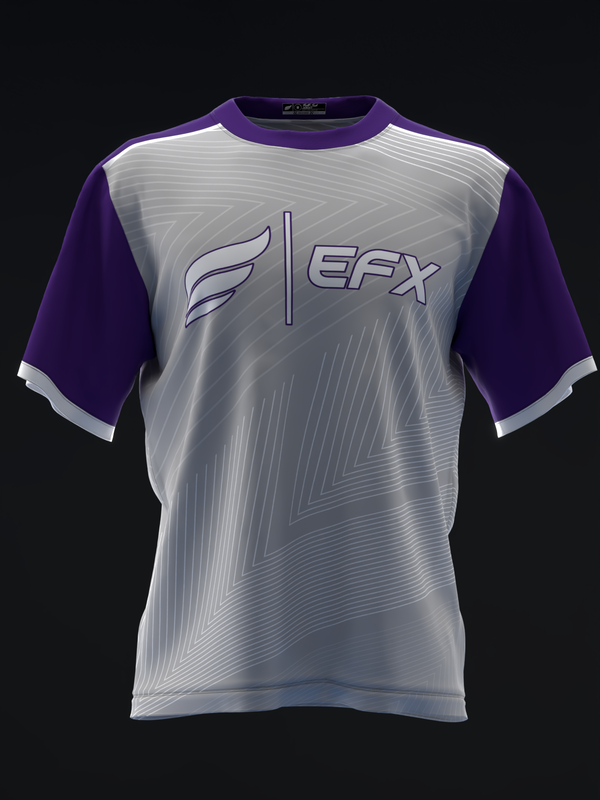 Purple and silver bowling jersey with geometric wing and EFX logo design, front view