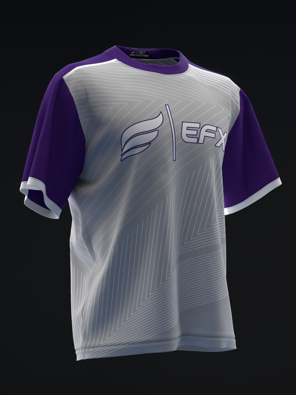 Purple and silver bowling jersey with EFX logo and geometric pattern, front view