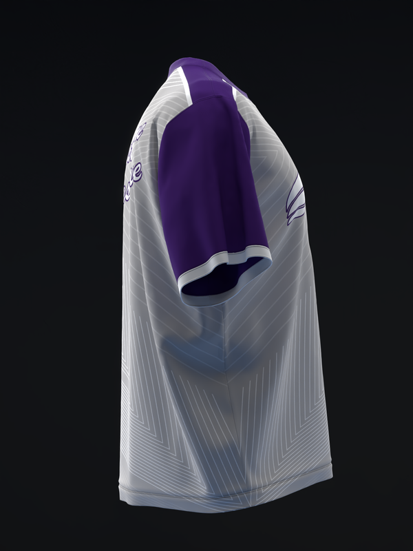 Purple and white pinstriped bowling jersey with white trim, three-quarter view