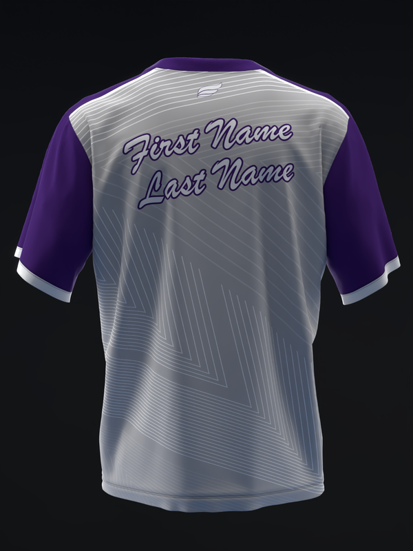 Back view of purple and silver bowling jersey with personalized name text