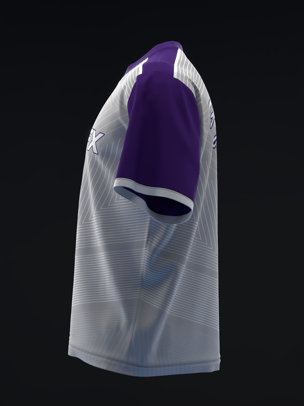 Purple and white bowling jersey with horizontal striped pattern, side view