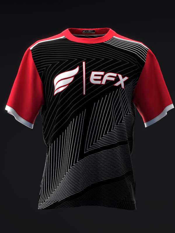 Red and black bowling jersey with white EFX logo and geometric line pattern, front view