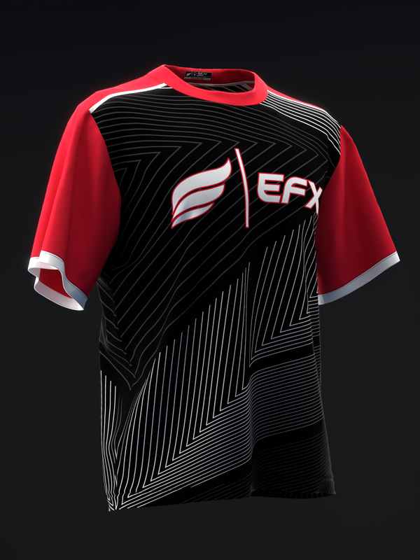 Red and black bowling jersey with white striped geometric pattern and EFX logo, front view