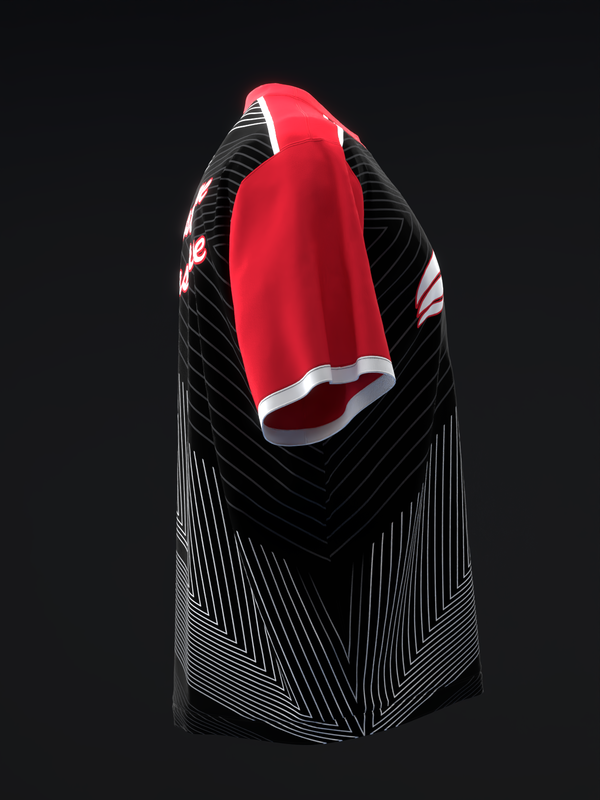 Red and black bowling jersey with white geometric striped pattern detail