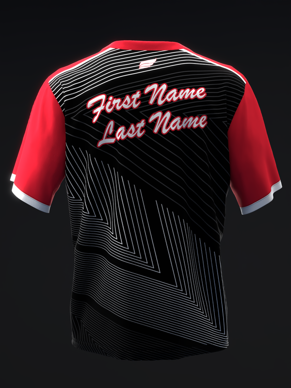 Bowling jersey back view, red sleeves, black diagonal striped pattern with personalization text