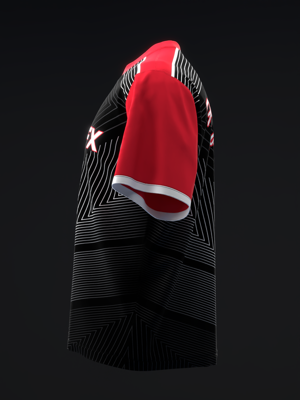Red and black bowling jersey with horizontal striped pattern and white accent details