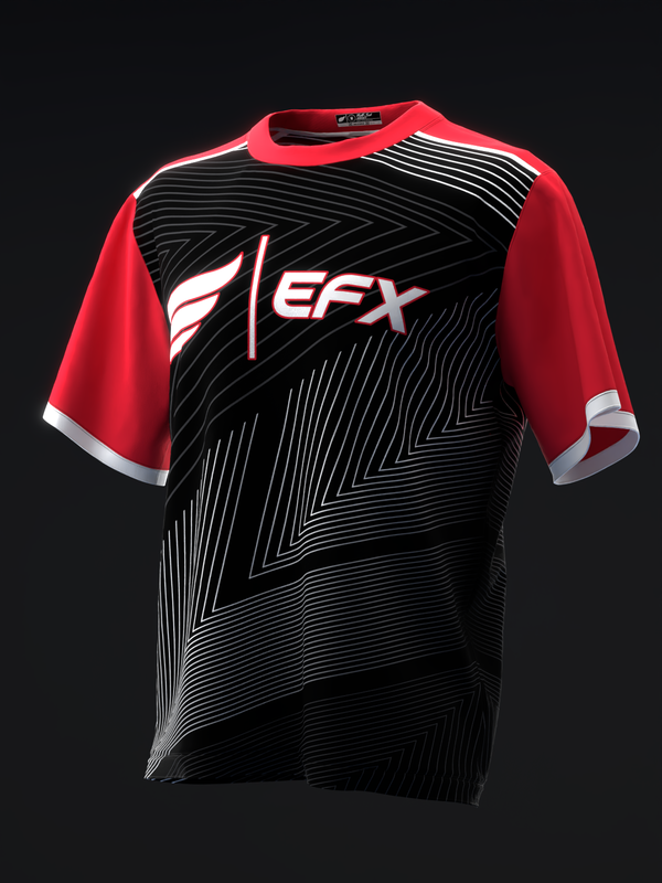 Red and black bowling jersey with geometric line pattern and EFX logo, front view