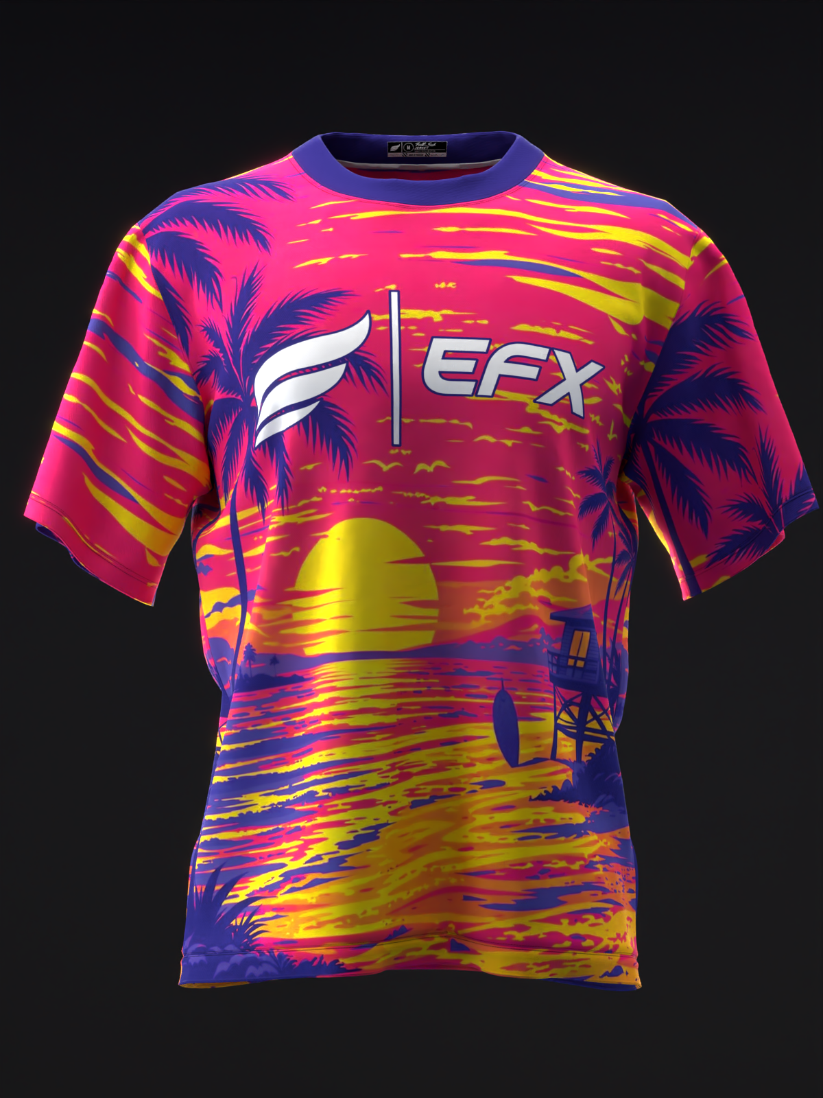 Bright multicolor bowling jersey with tropical sunset and palm tree graphic design