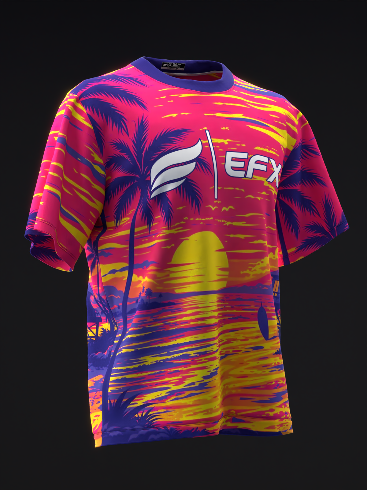Front view of bowling jersey featuring tropical sunset design with palm trees and vibrant pink, yellow, and blue colors