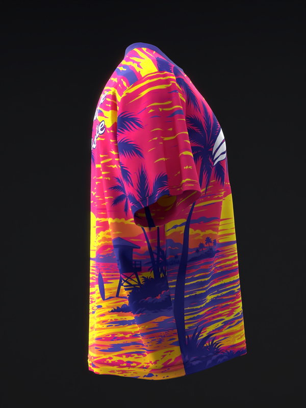 Bowling jersey with vibrant tropical sunset scene in pink, yellow, and blue tones, side view