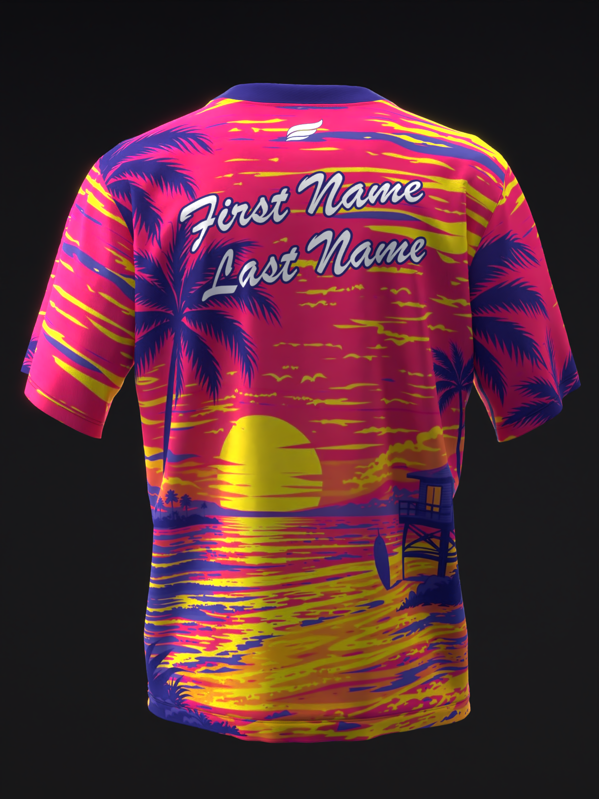 Back view of bowling jersey with tropical sunset design and personalization lines