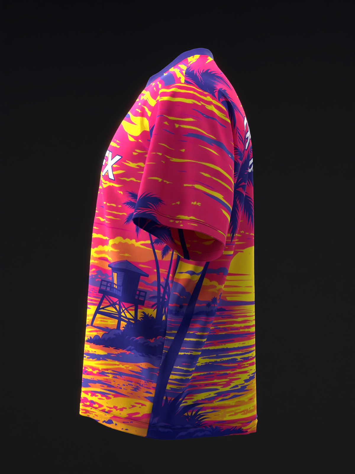 Bowling jersey with vibrant tropical sunset gradient and silhouetted palm tree design