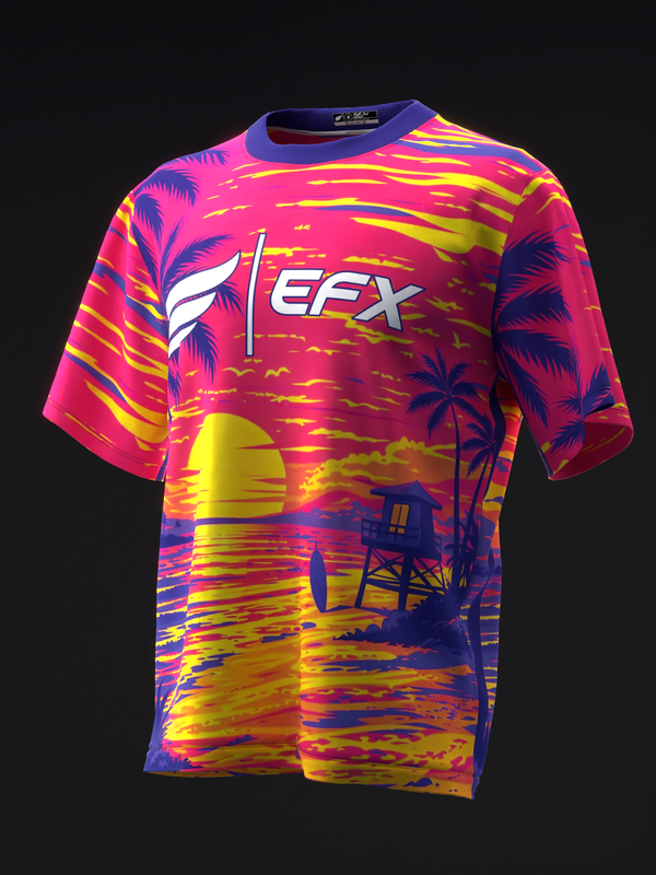 Vibrant bowling jersey with tropical sunset and palm tree graphic design
