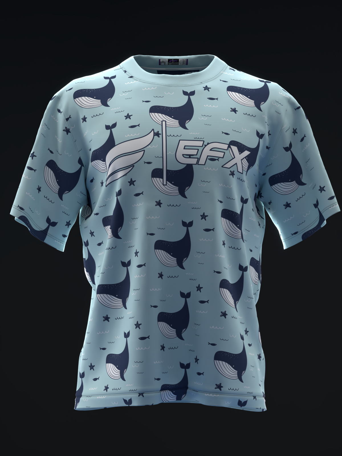 Light blue bowling jersey with navy whales, stars, and fish pattern, front view