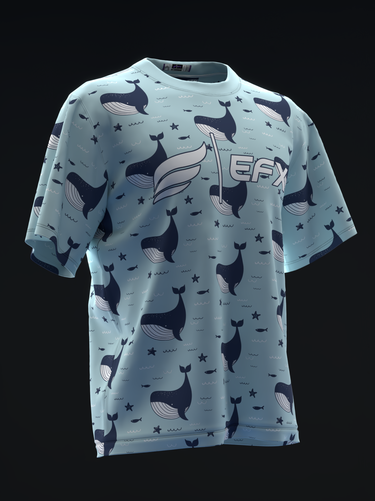 Light blue bowling jersey with whales, stars, and EFX logo, front view
