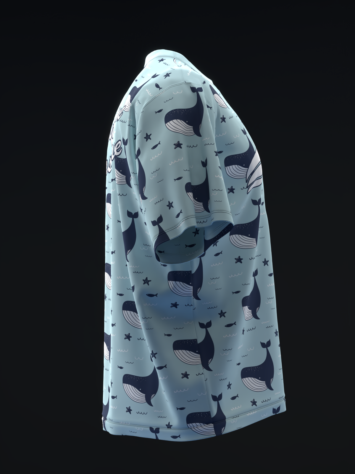 Light blue bowling jersey with navy whales, stars, and wave pattern throughout