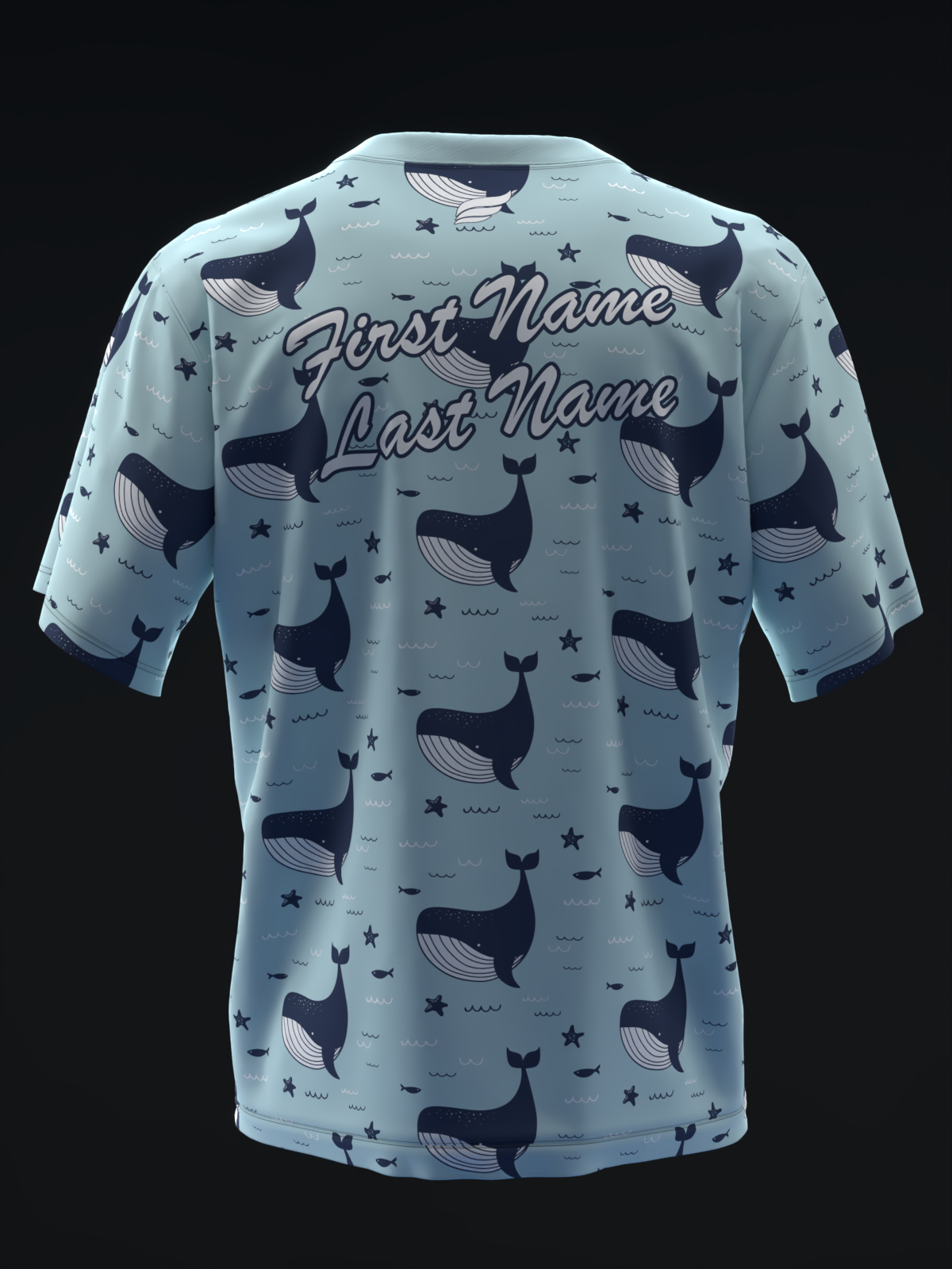 Light blue bowling jersey with whale and star pattern, personalized name placement