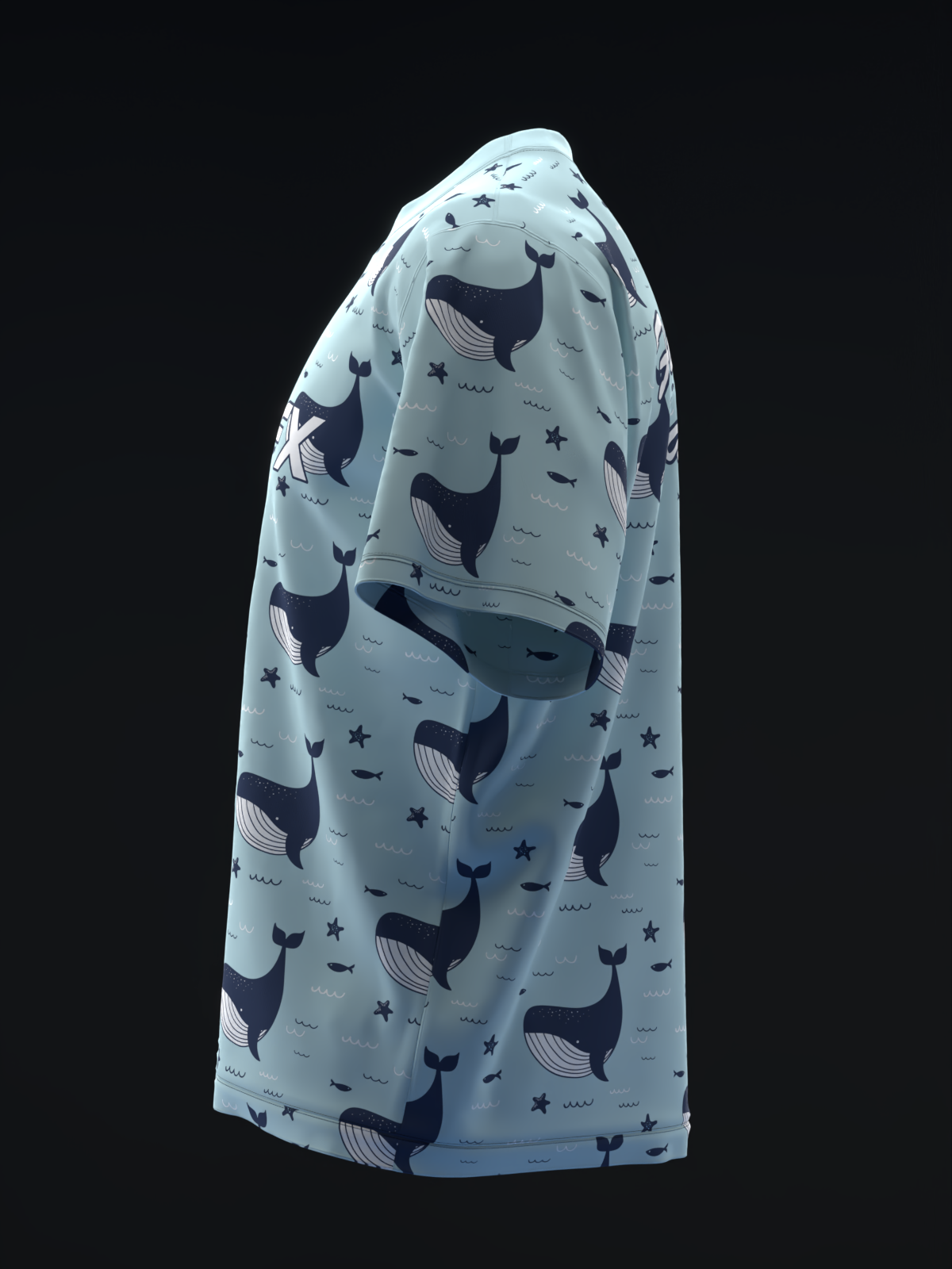 Light blue bowling jersey with dark whale and star pattern, side view