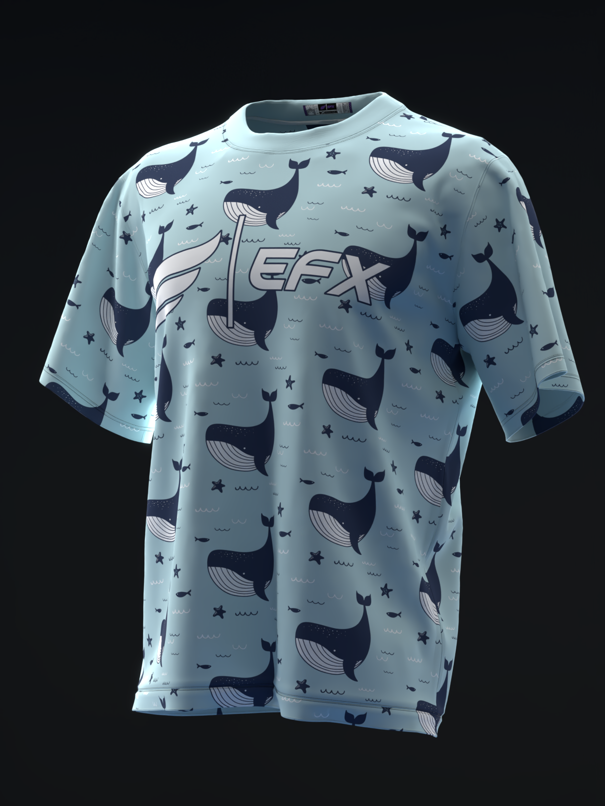 Light blue bowling jersey with navy whales, stars, and wave pattern throughout