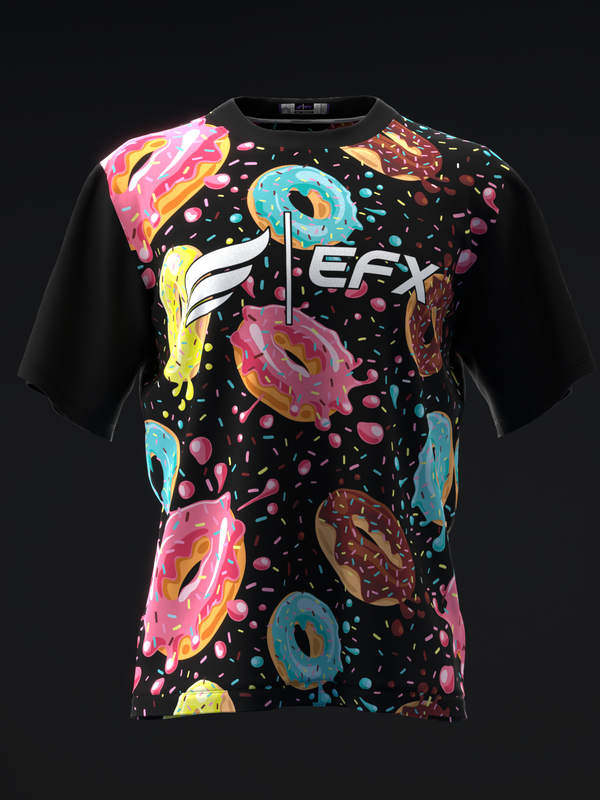 Black bowling jersey front with colorful glazed donut graphic design