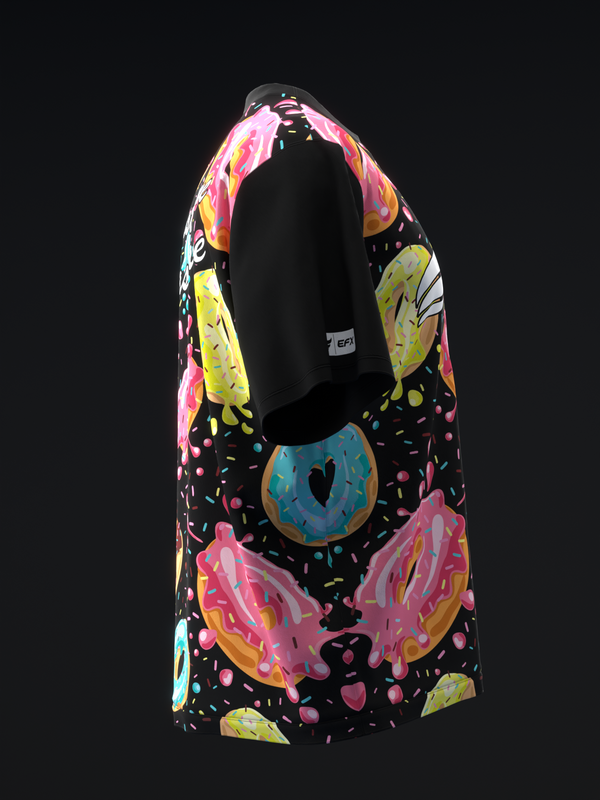 Black bowling jersey with colorful donuts and sprinkles pattern, front view