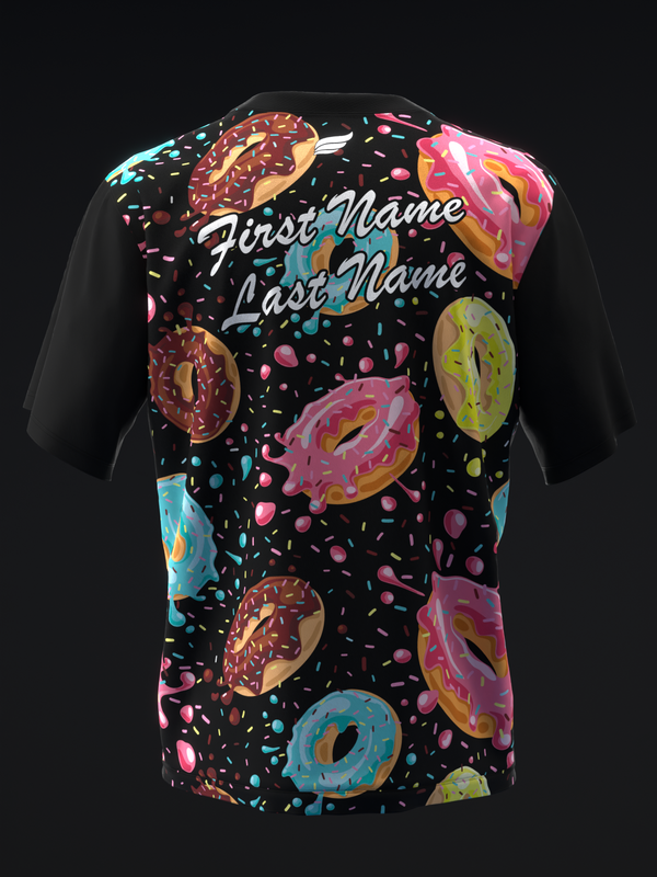 Black bowling jersey with colorful donut graphic pattern and personalization text