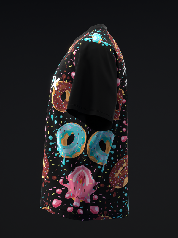 Black bowling jersey with colorful donut graphic pattern on front
