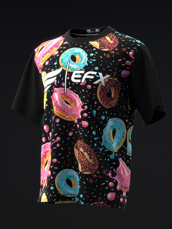 Black bowling jersey with colorful donut and sprinkle graphic, front view