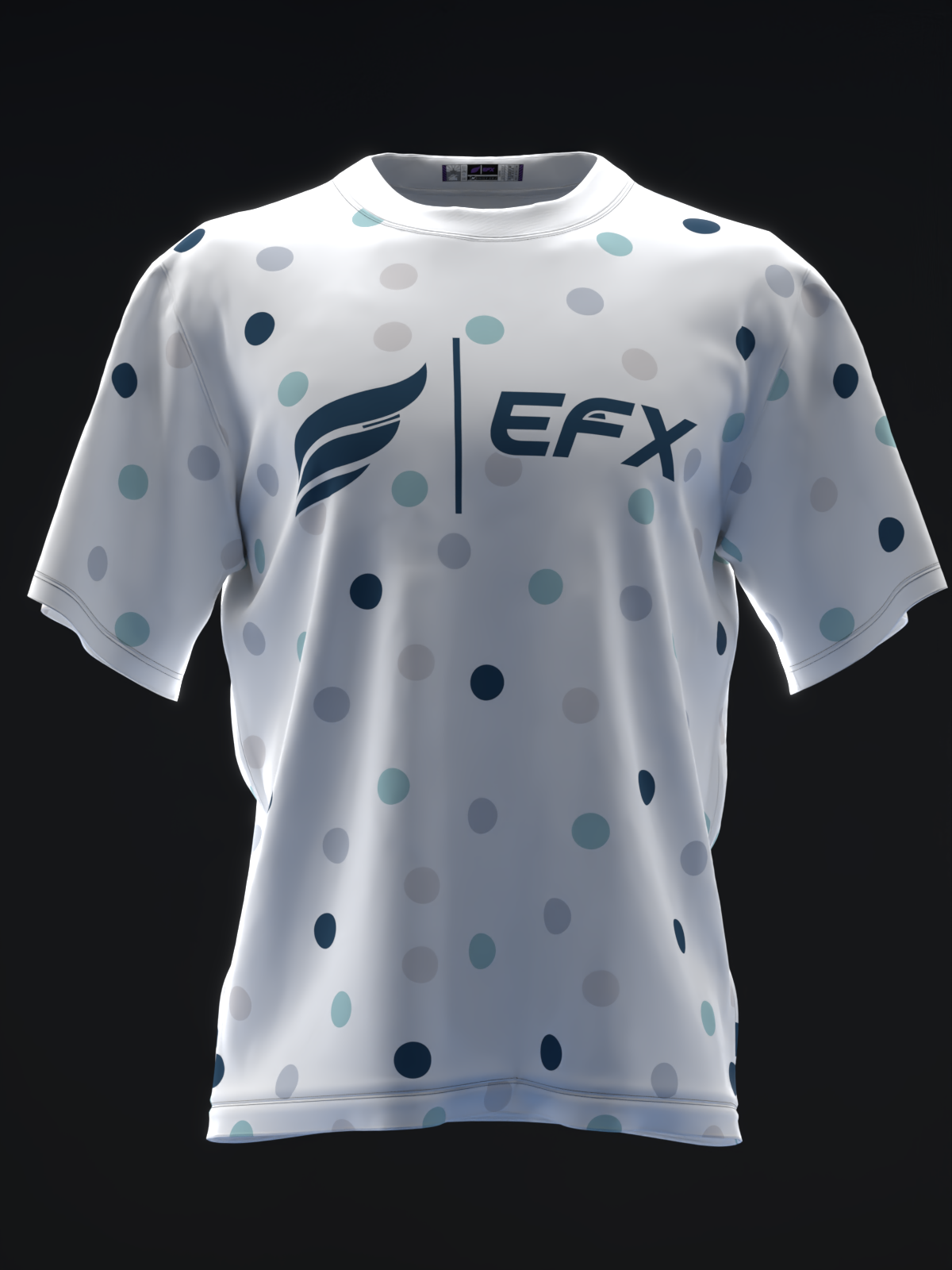White bowling jersey with multicolored polka dots and EFX logo, front view