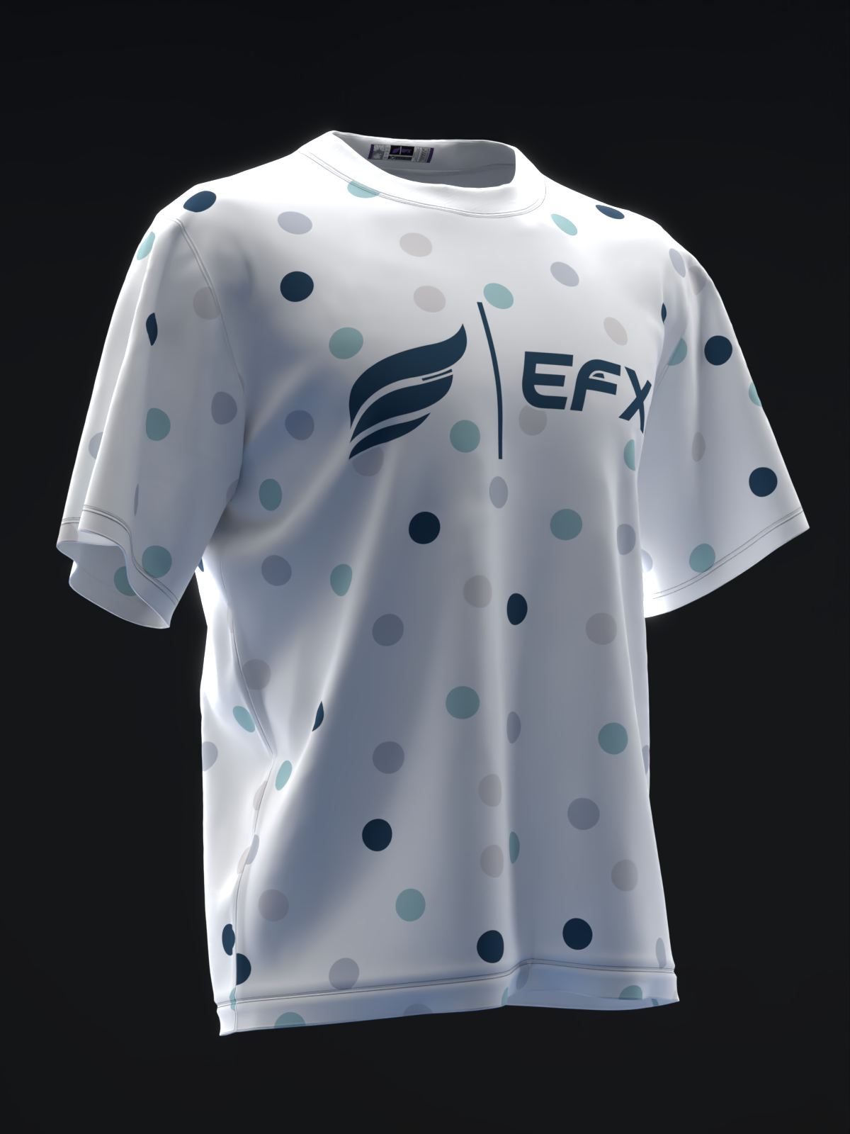 White bowling jersey with navy and teal polka dots and EFX logo, front view