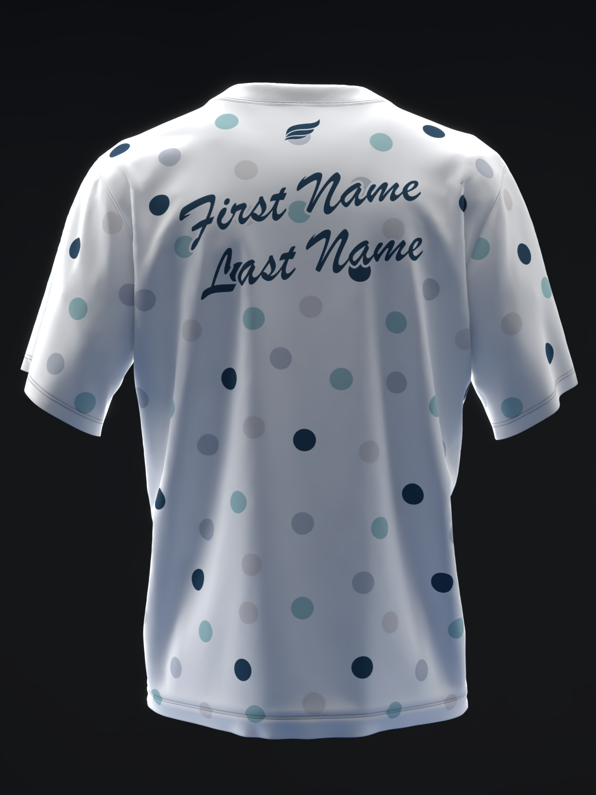 White bowling jersey with multicolor polka dot pattern, back view with personalization