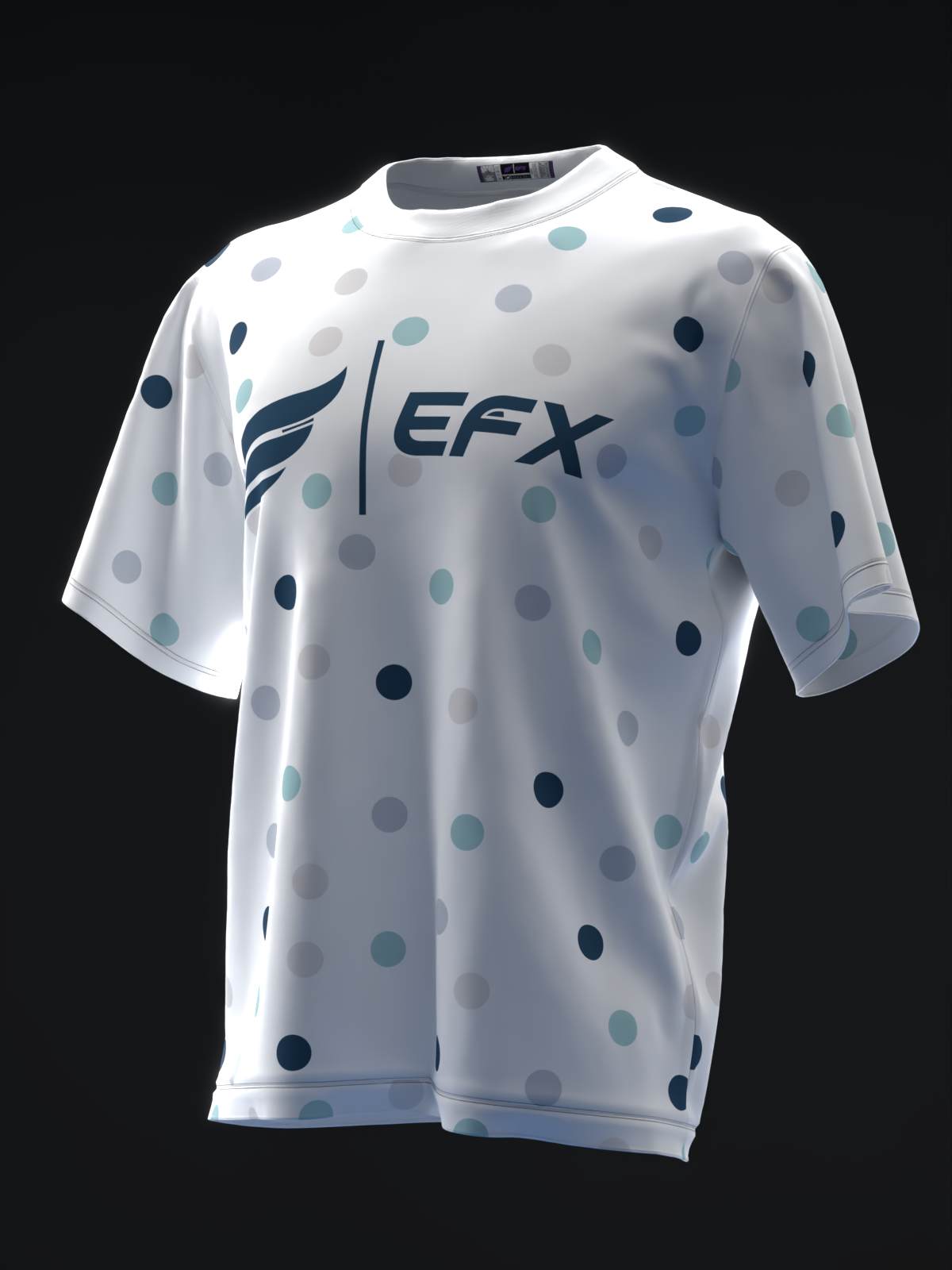 White bowling jersey with multicolored dots and EFX logo on front