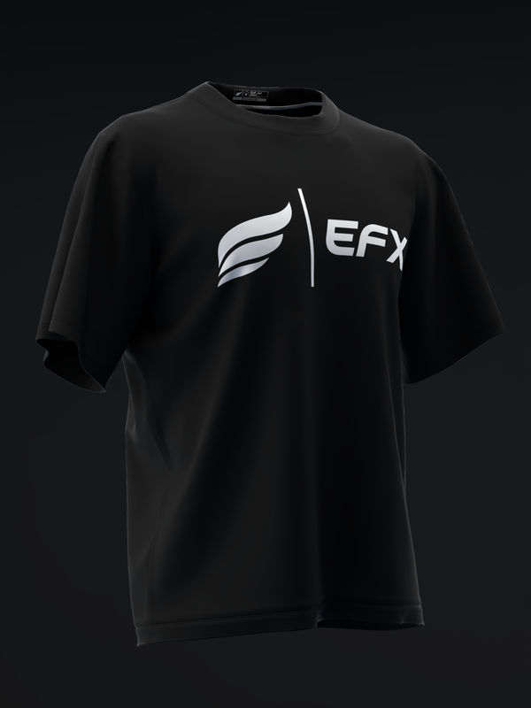 Black bowling jersey with white EFX logo and feather graphic on front