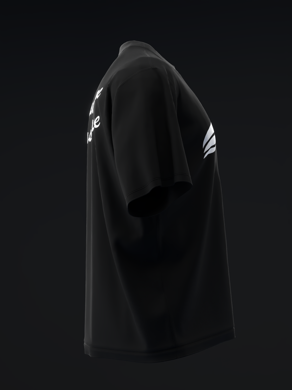 Black bowling jersey with white text and stripe detailing on sleeves, back view
