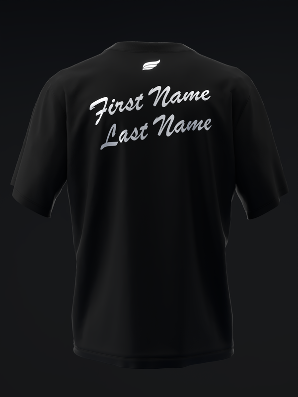Black bowling jersey back view with white script name personalization and logo