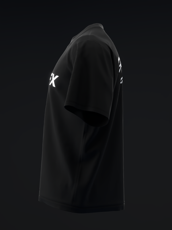 Black bowling jersey with white graphic on sleeve, side view