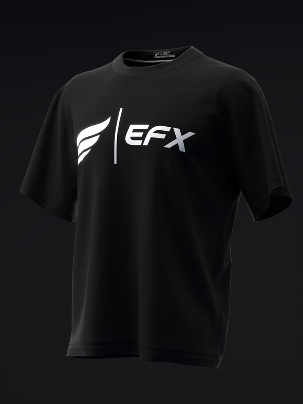 Black bowling jersey with white EFX logo and feather graphic on front