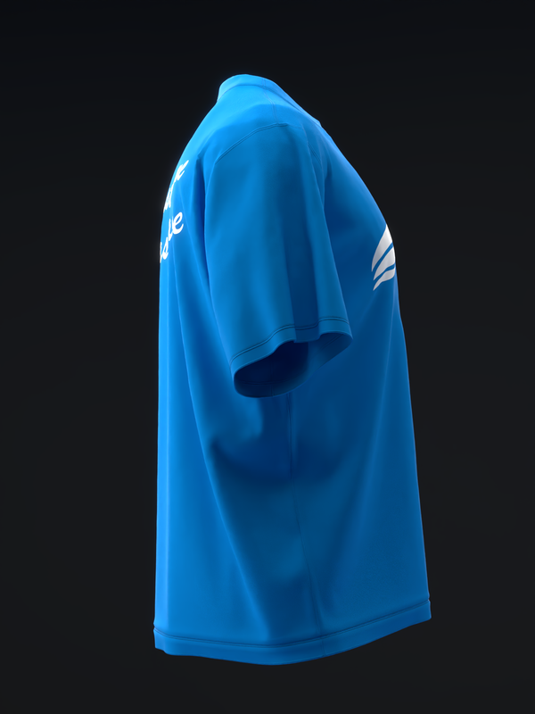 Bright blue bowling jersey with white shoulder stripes, side view
