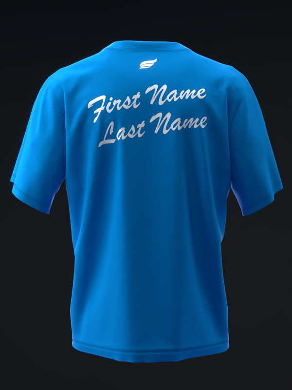 Bright blue bowling jersey back view with white script name personalization