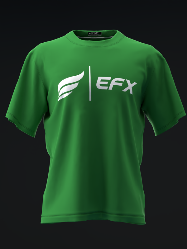Bright green bowling jersey with white EFX logo and feather graphic, front view