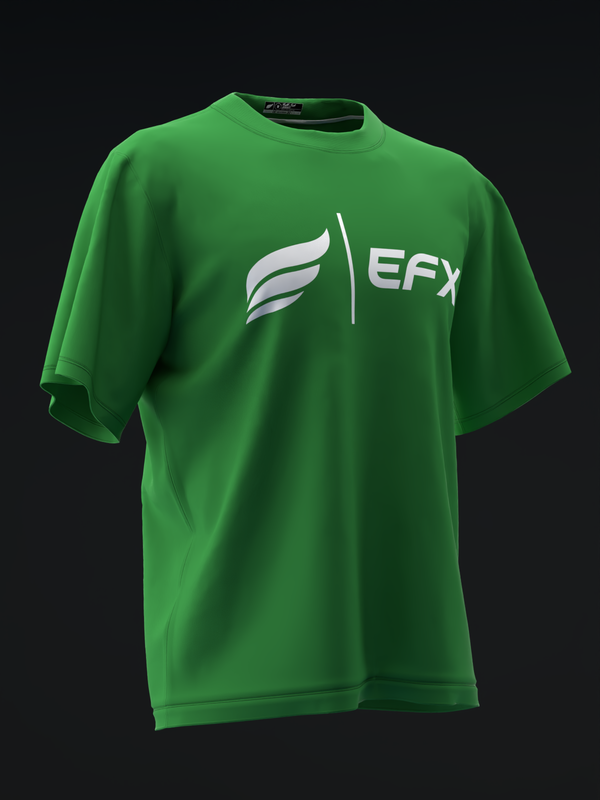 Green bowling jersey with white EFX logo and feather graphic on front