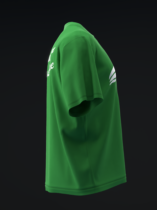 Bright green bowling jersey with white shoulder stripes, side view