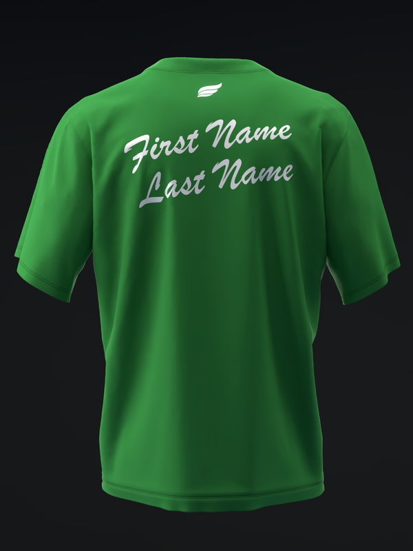Green bowling jersey back view with white script name personalization