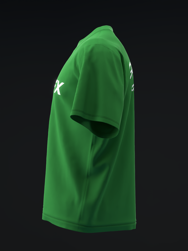 Green bowling jersey with white star graphic on sleeve, side view