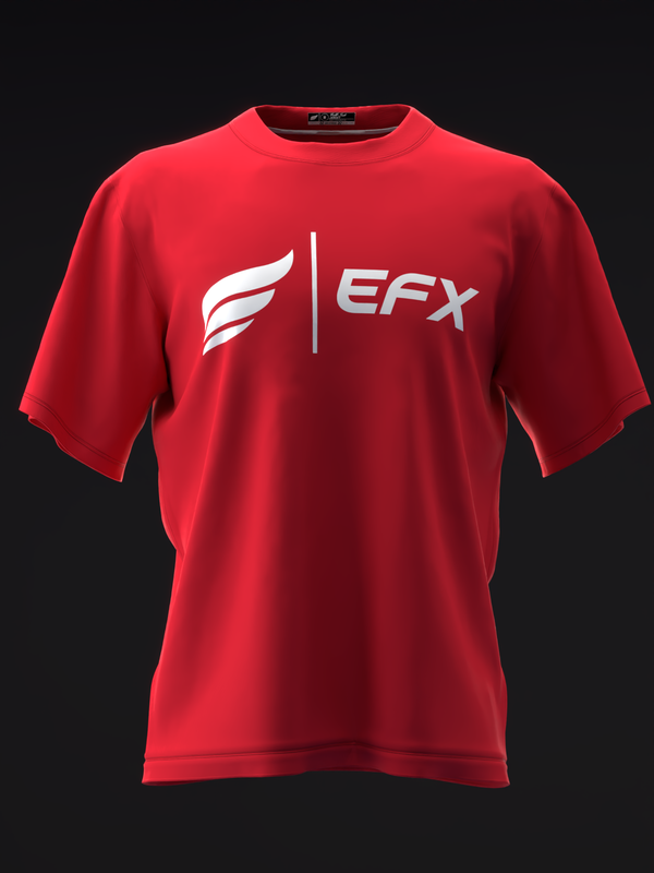 Red bowling jersey with white EFX logo and feather graphic on front