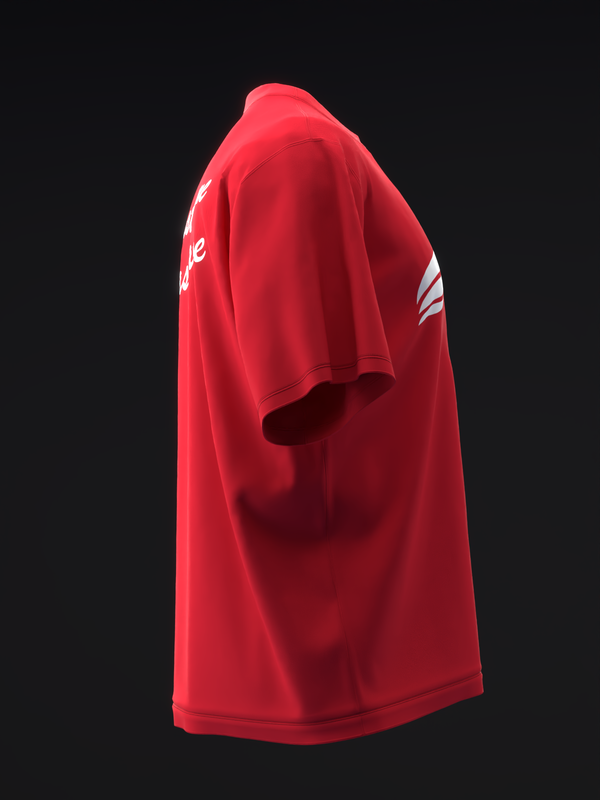 Red bowling jersey with white text and stripe detail on sleeve