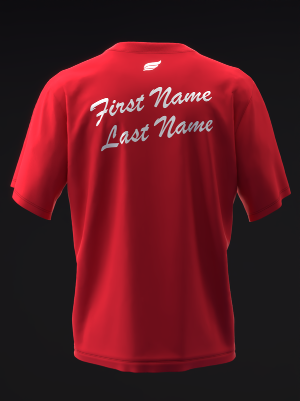 Red bowling jersey back view with white script name customization and logo