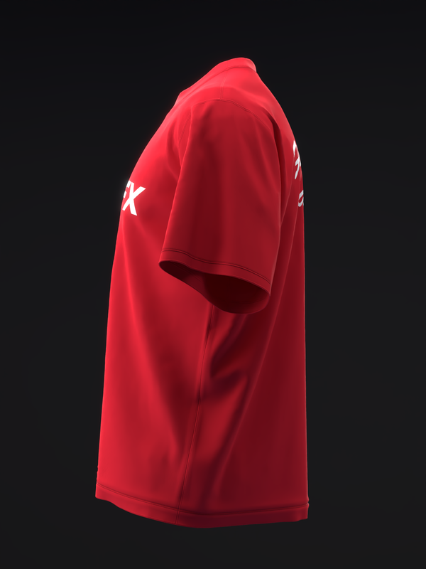 Red bowling jersey with white star graphic on sleeve, side view