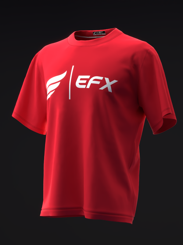 Red bowling jersey with white EFX logo and feather graphic on front